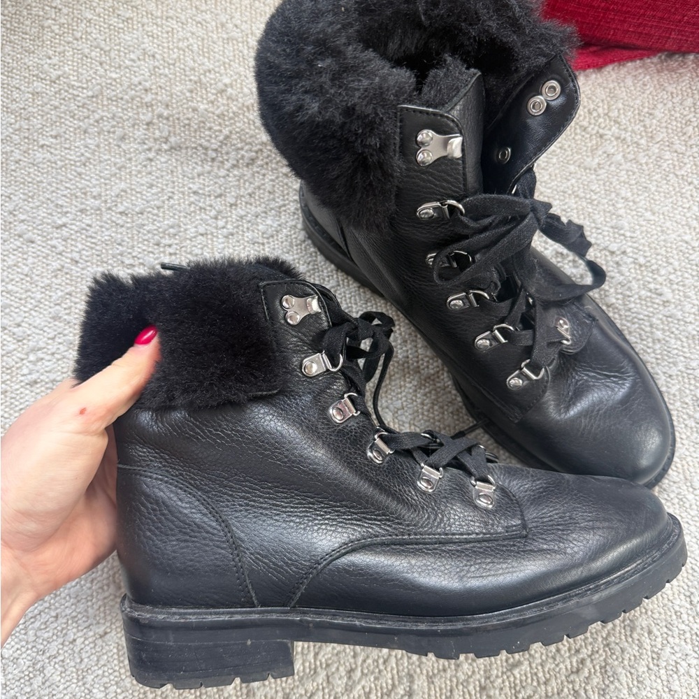 Ralph Lauren Black Leather Ankle Boots with Fur Trim